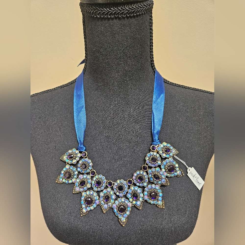 Park Lane Nightengale Blue and Gold Floral Crystal Necklace With Ribbon Tie